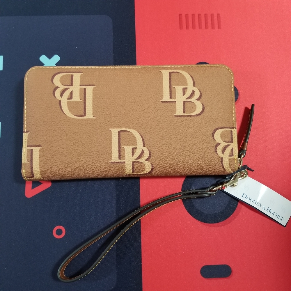 Dooney and Bourke Monogram Zip Around Large Wallet Clutch Wristlet In Saddle